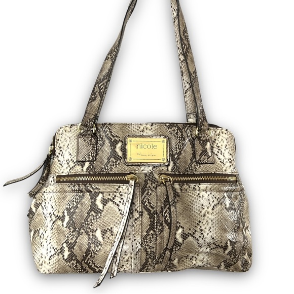 Nicole by Nicole Miller Handbags - Nicole By Nicole Miller Brown & Cream Vegan Leather Python Purse W/ Gold Accent